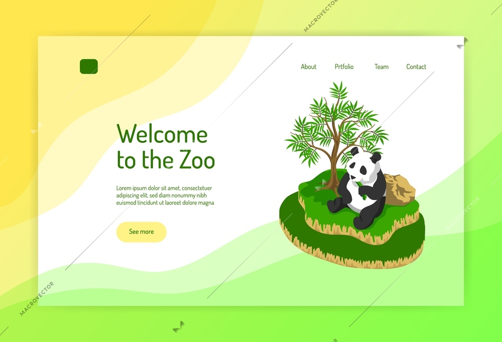 Zoo isometric concept of web page with panda during eating near tree on color background vector illustration