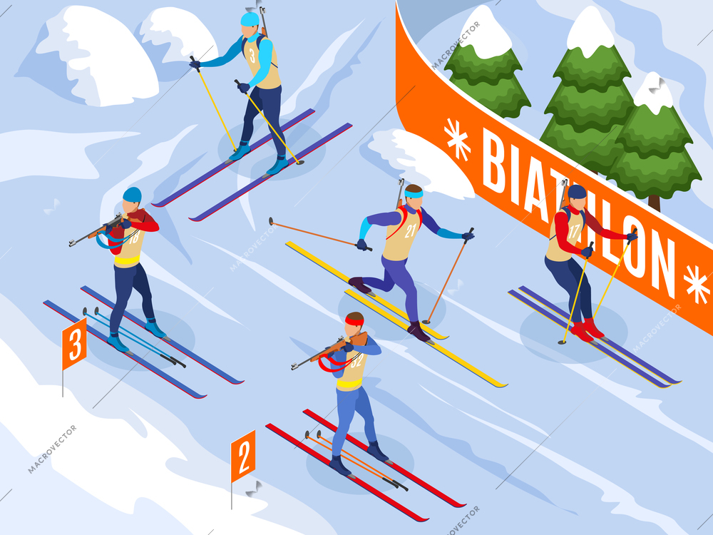 Winter sports isometric background illustrated athletes on ski participating in biathlon competitions vector illustration