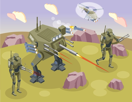 Military robots isometric background with fighting soldiers and androids on battlefield vector illustration