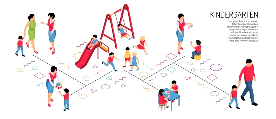 Parents educator and kids in various activity in kindergarten on white background isometric horizontal vector illustration