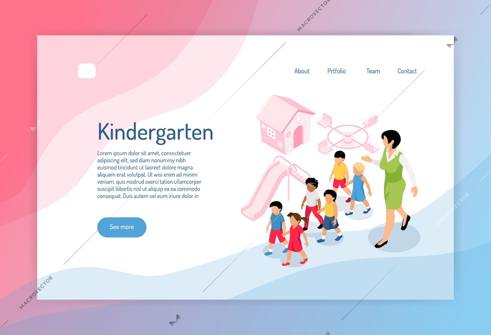 Kindergarten isometric web page with group of preschoolers educator and objects of play ground vector illustration