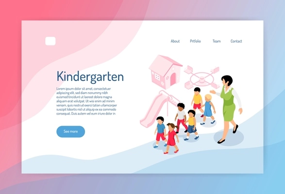 Kindergarten isometric web page with group of preschoolers educator and objects of play ground vector illustration