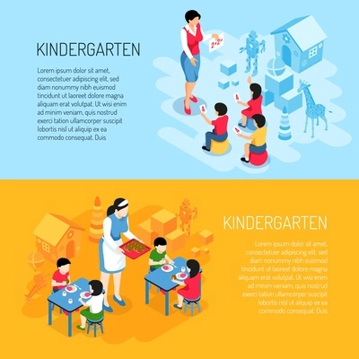 Kindergarten isometric banners kids during eating and learning of count on blue orange background isolated vector illustration