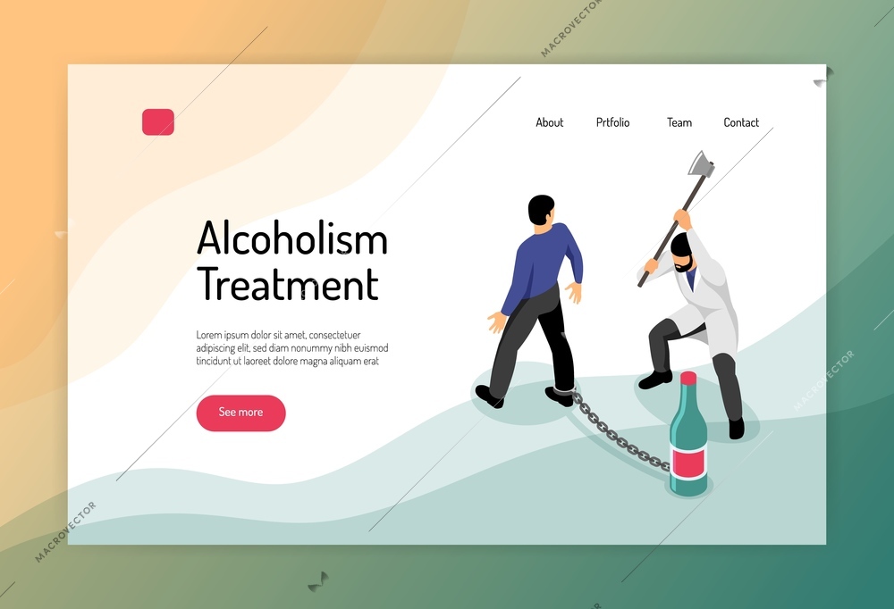 Alcoholism treatment isometric web page with man chained to bottle and doctor with hatchet vector illustration