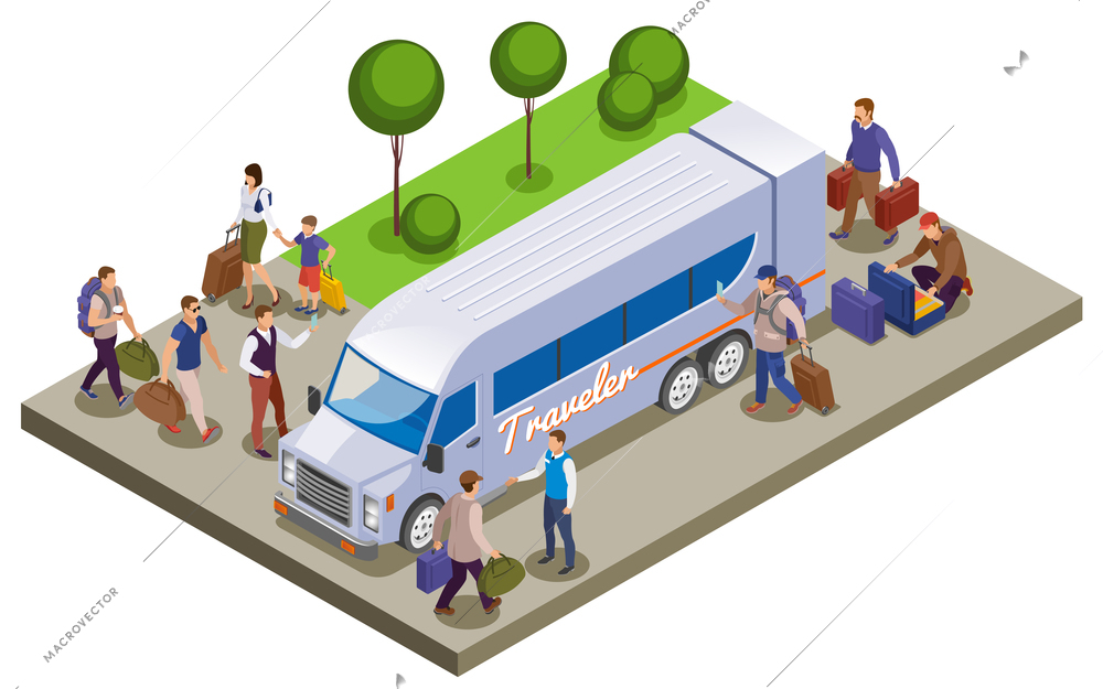 Travel people isometric composition with passengers meeting on tourist bus station for traveling vector illustration