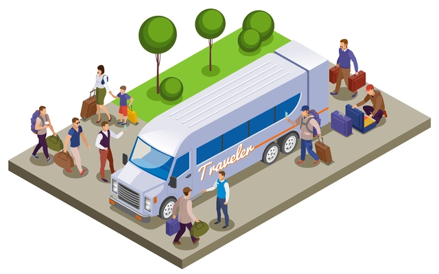 Travel people isometric composition with passengers meeting on tourist bus station for traveling vector illustration