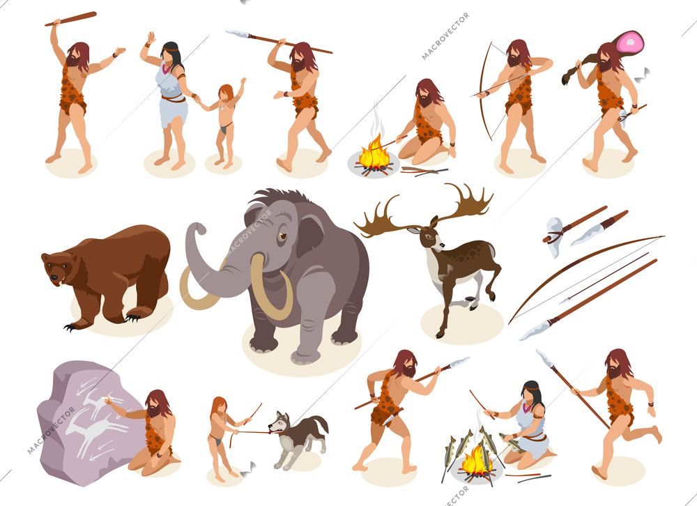 Stone age isometric icons set with hunting and cooking food  symbols isolated vector illustration