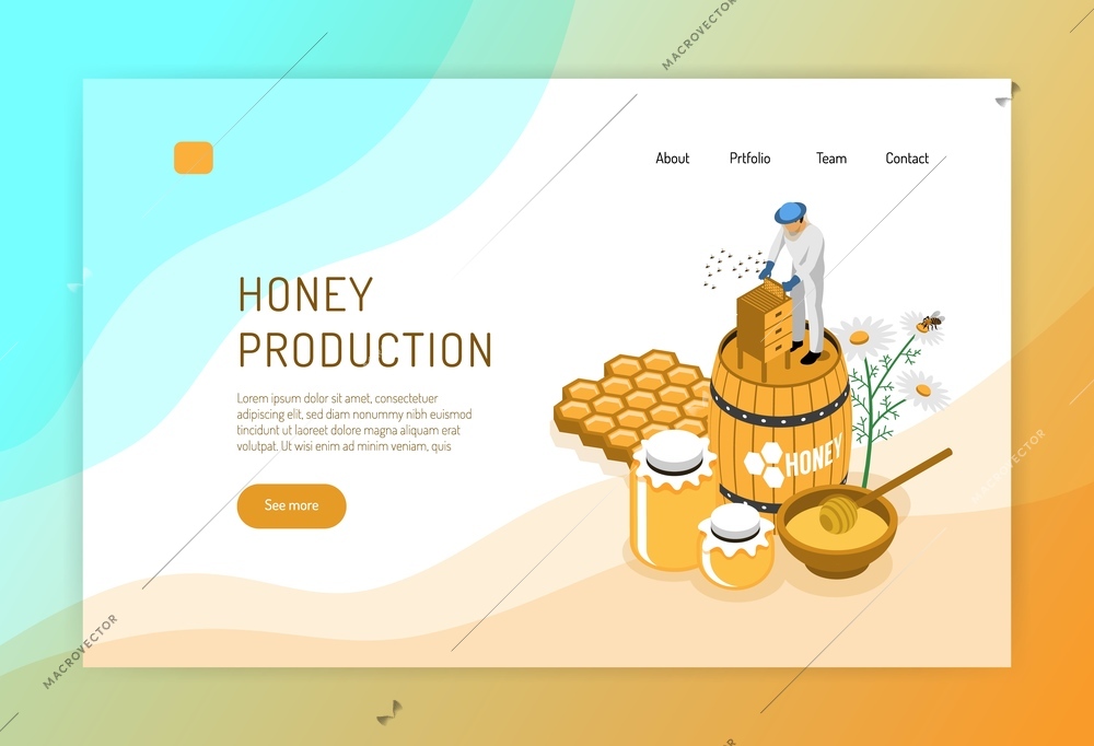 Honey production isometric concept of web page with beekeeper during work on color background vector illustration