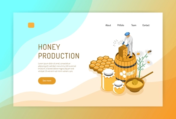 Honey production isometric concept of web page with beekeeper during work on color background vector illustration