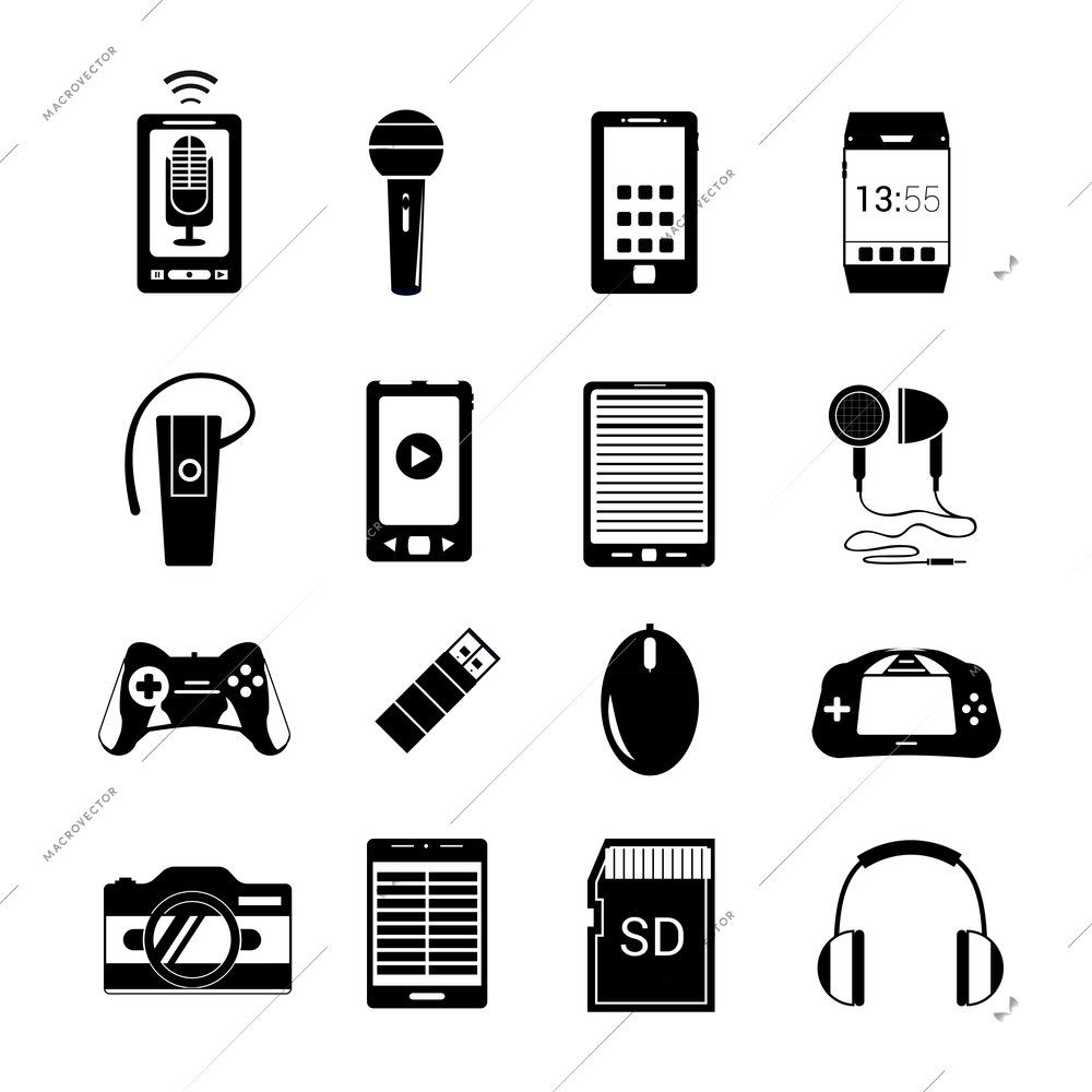 Gadget electronic equipment multimedia black icons set of smartphone tablet isolated vector illustration