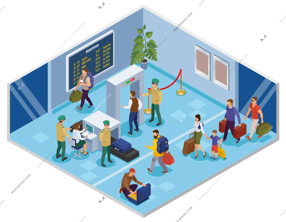 Travel people isometric background with passenger in airport terminal passing registration and preflight inspection vector illustration