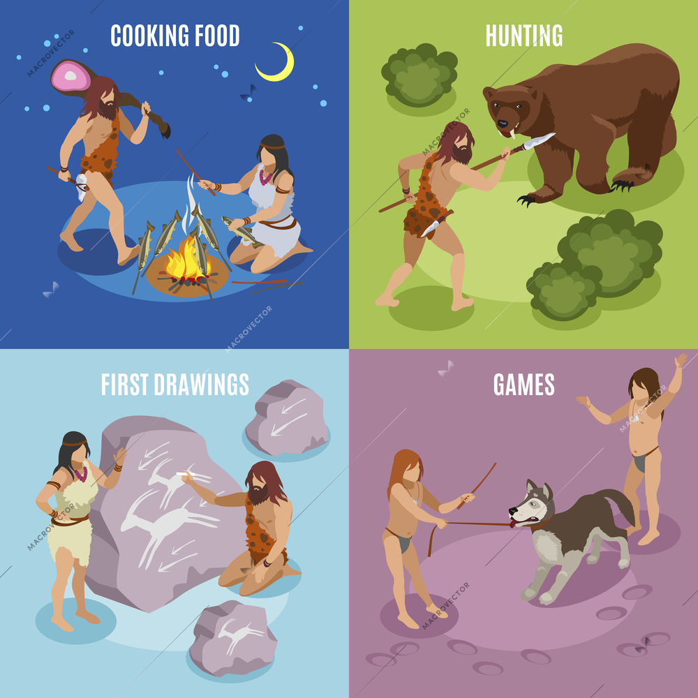 Stone age isometric concept icons set with games and drawings symbols isolated vector illustration