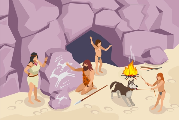 Stone age people isometric background with ancient people vector illustration