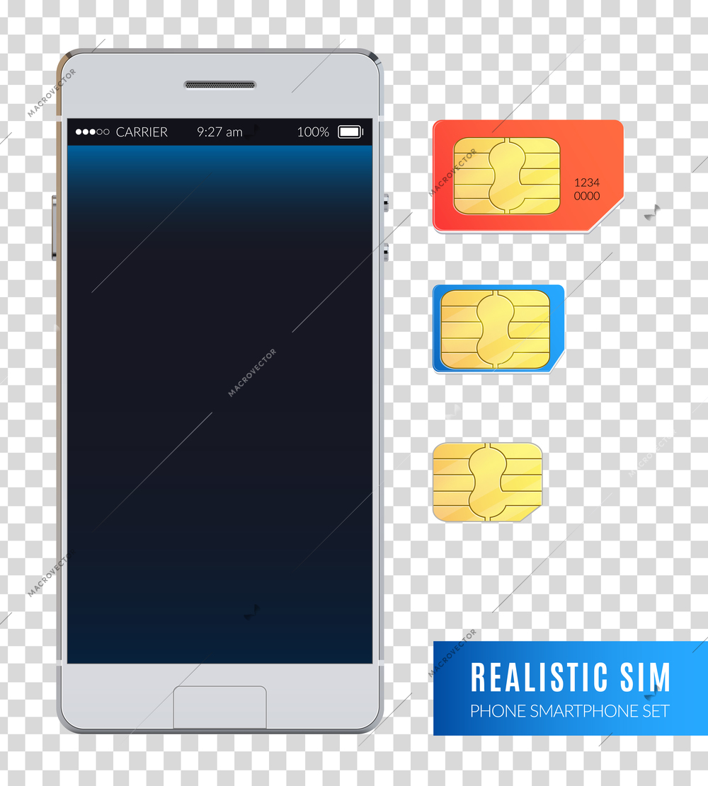 Colored and realistic sim phone smartphone icon set with various sizes of sim cards for device vector illustration