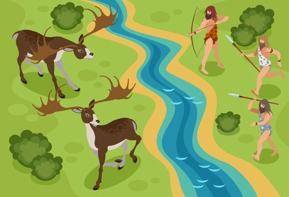 Stone age isometric background with hunting deer symbols vector illustration