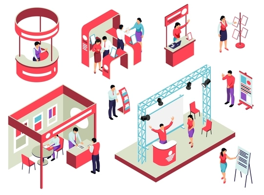 Trade exhibition isometric set with staff and visitors exposition equipment and promotional handouts isolated vector illustration