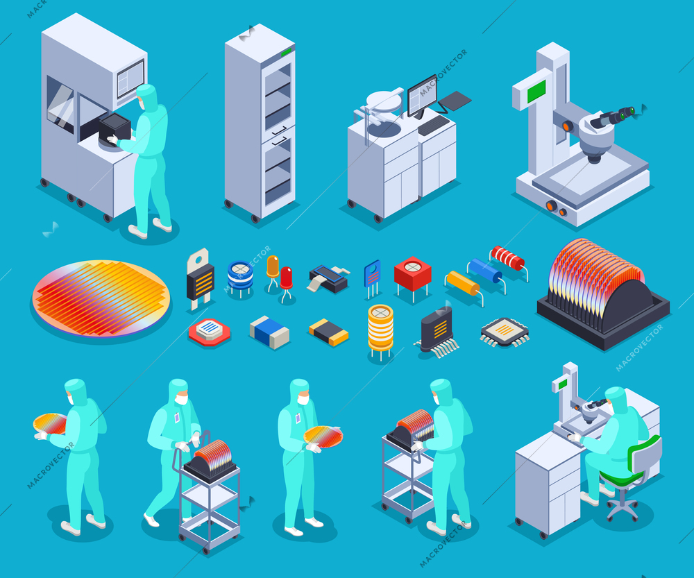 Semicondoctor production icons set with technology and science symbols isometric isolated vector illustration