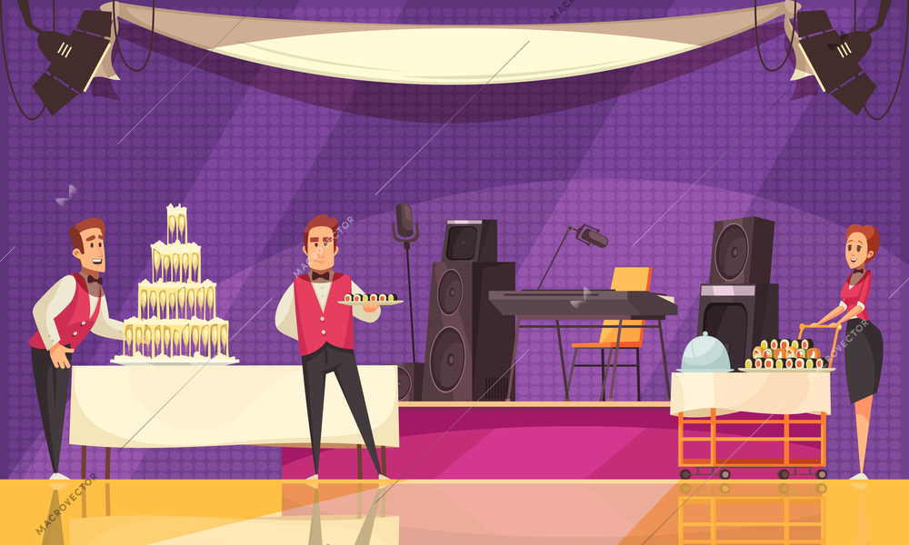 Service personnel of restaurant or cafe during banquet preparation on purple background cartoon vector illustration