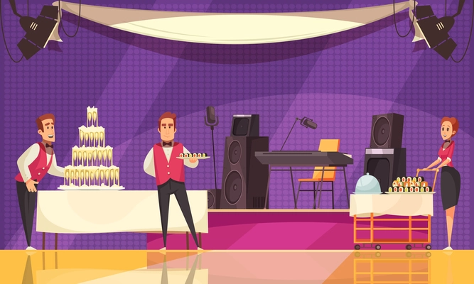 Service personnel of restaurant or cafe during banquet preparation on purple background cartoon vector illustration