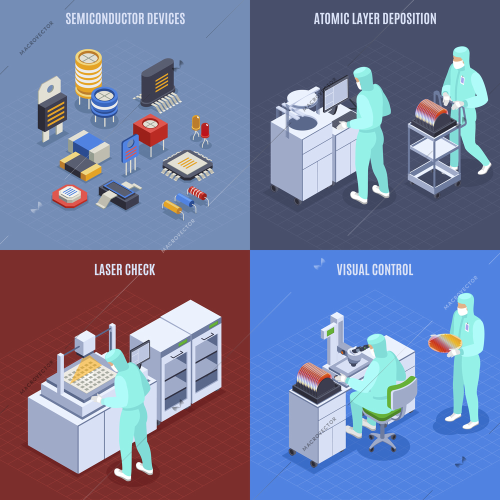 Semicondoctor production concept icons set with laser check symbols isometric isolated vector illustration