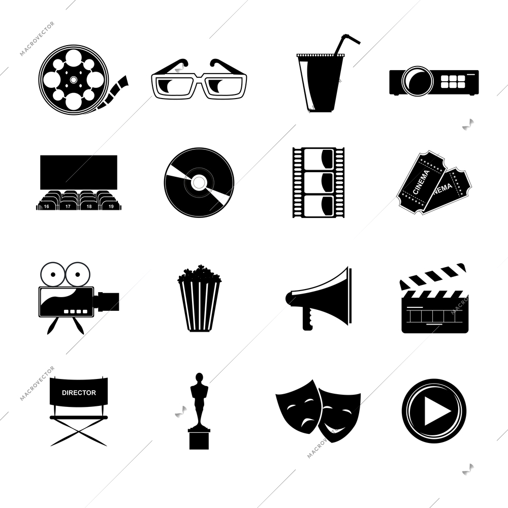 Cinema movie entertainment film black icons elements set isolated vector illustration