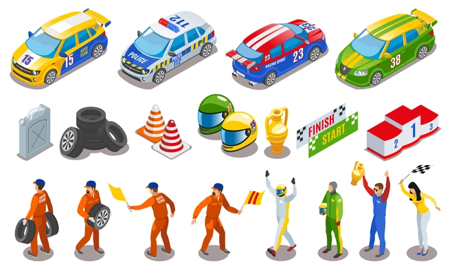 Racing sports icons set with racing team symbols isometric isolated vector illustration