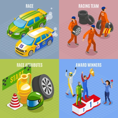 Racing sports concept icons set with racing team and award winners symbols isometric isolated vector illustration