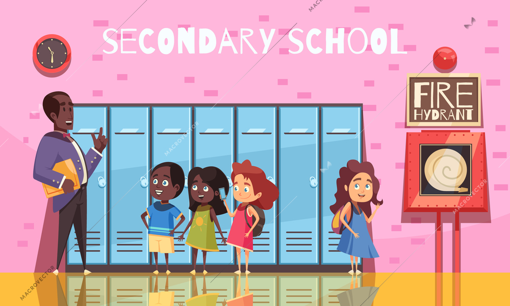 Teacher and secondary school students during conversation on background of pink wall with lockers cartoon vector illustration