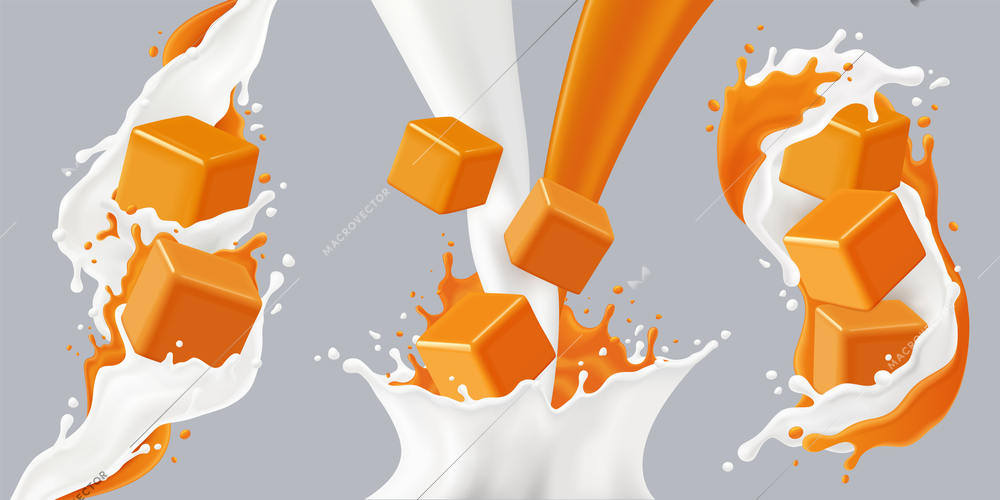 Colored realistic splashes caramel icon set with caramel cubes and milk splashes vector illustration