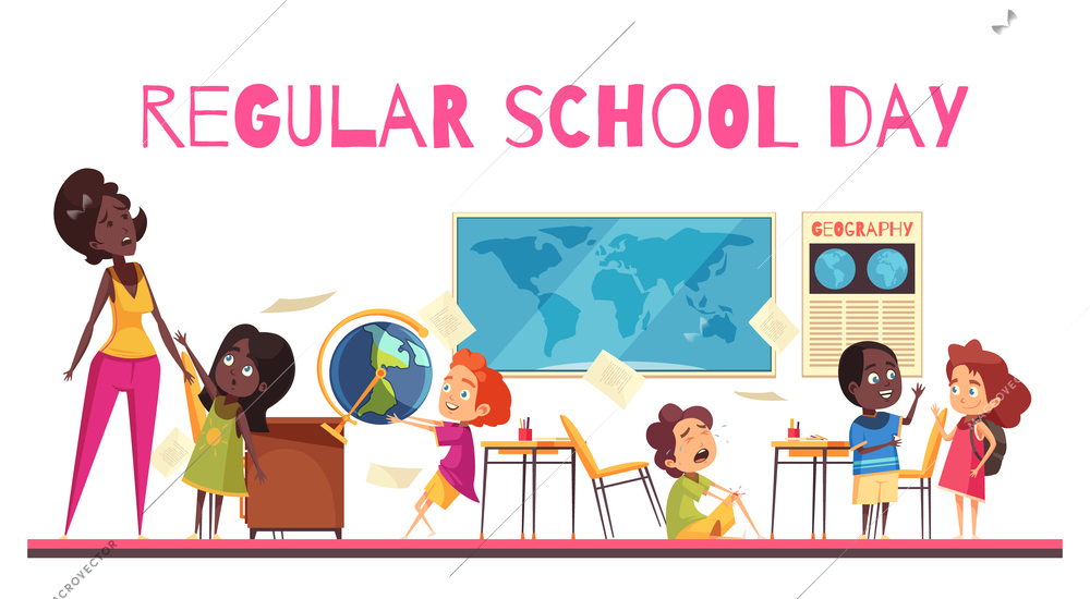 Teacher and pupils during geography lesson in school class room cartoon vector illustration