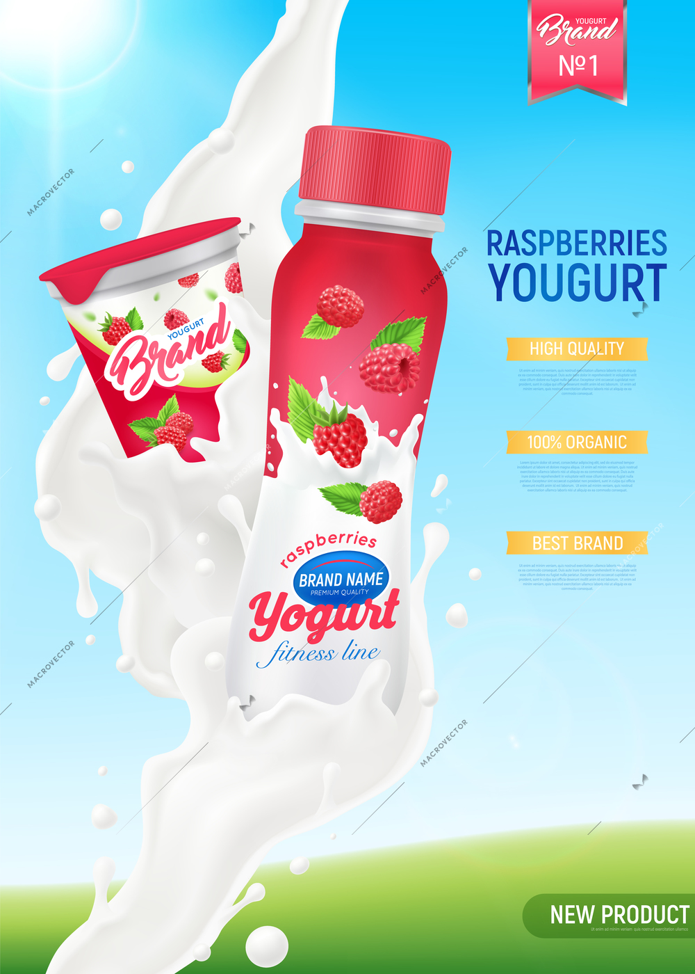 Colored realistic yogurt ads composition with high quality raspberries yogurt and new product descriptions vector illustration