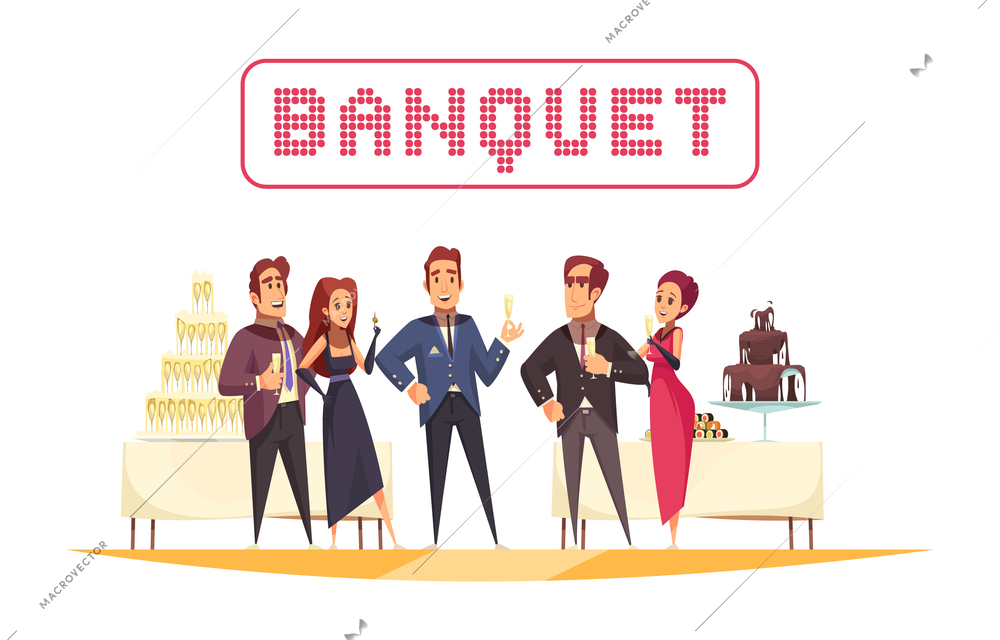 Banquet tables with food and drinks organizer and guests on white background cartoon vector illustration