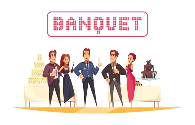 Banquet tables with food and drinks organizer and guests on white background cartoon vector illustration