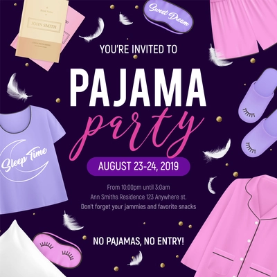 Colored pajama party poster with you re invited to pajama party no pajama no party descriptions vector illustration