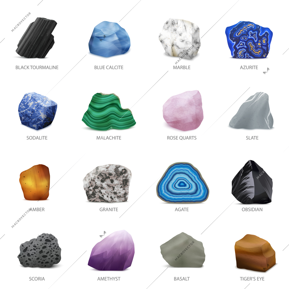 Colored and realistic stone mineral icon set black tourmaline blue calcite marble azurite sodalite malachite rose quartz and others vector illustration