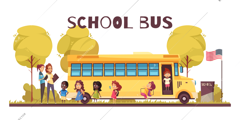 Educational workers and group of pupils near yellow bus on school territory cartoon vector illustration