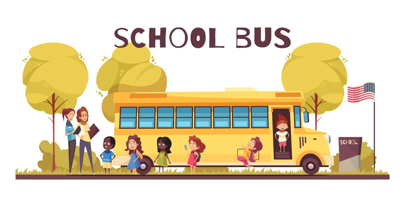 Educational workers and group of pupils near yellow bus on school territory cartoon vector illustration