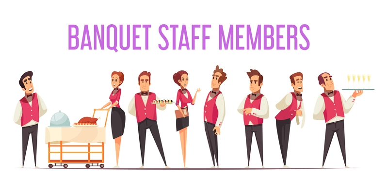 Banquet staff members in uniform with food at professional equipment on white background cartoon vector illustration