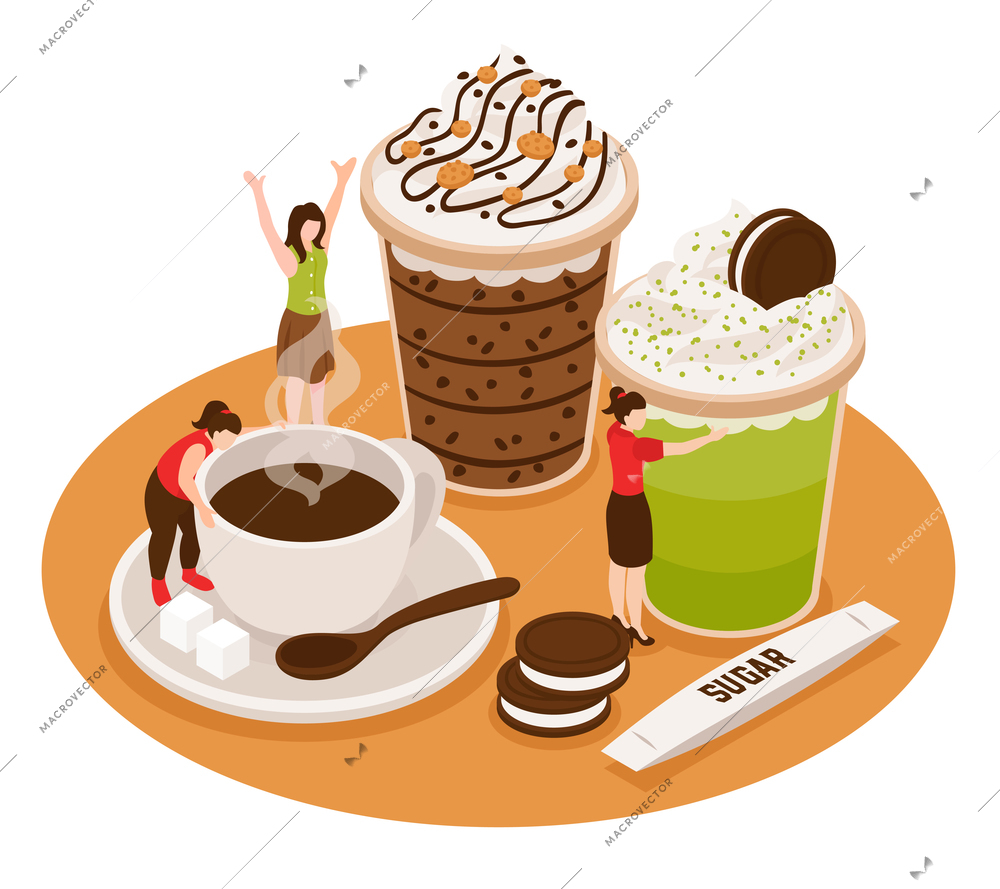 Isometric coffee house barista conceptual composition with cups of coffee and desserts with small people characters vector illustration