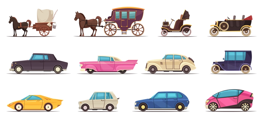 Set of icons old and modern ground transportation including various cars and horse carriages isolated vector illustration