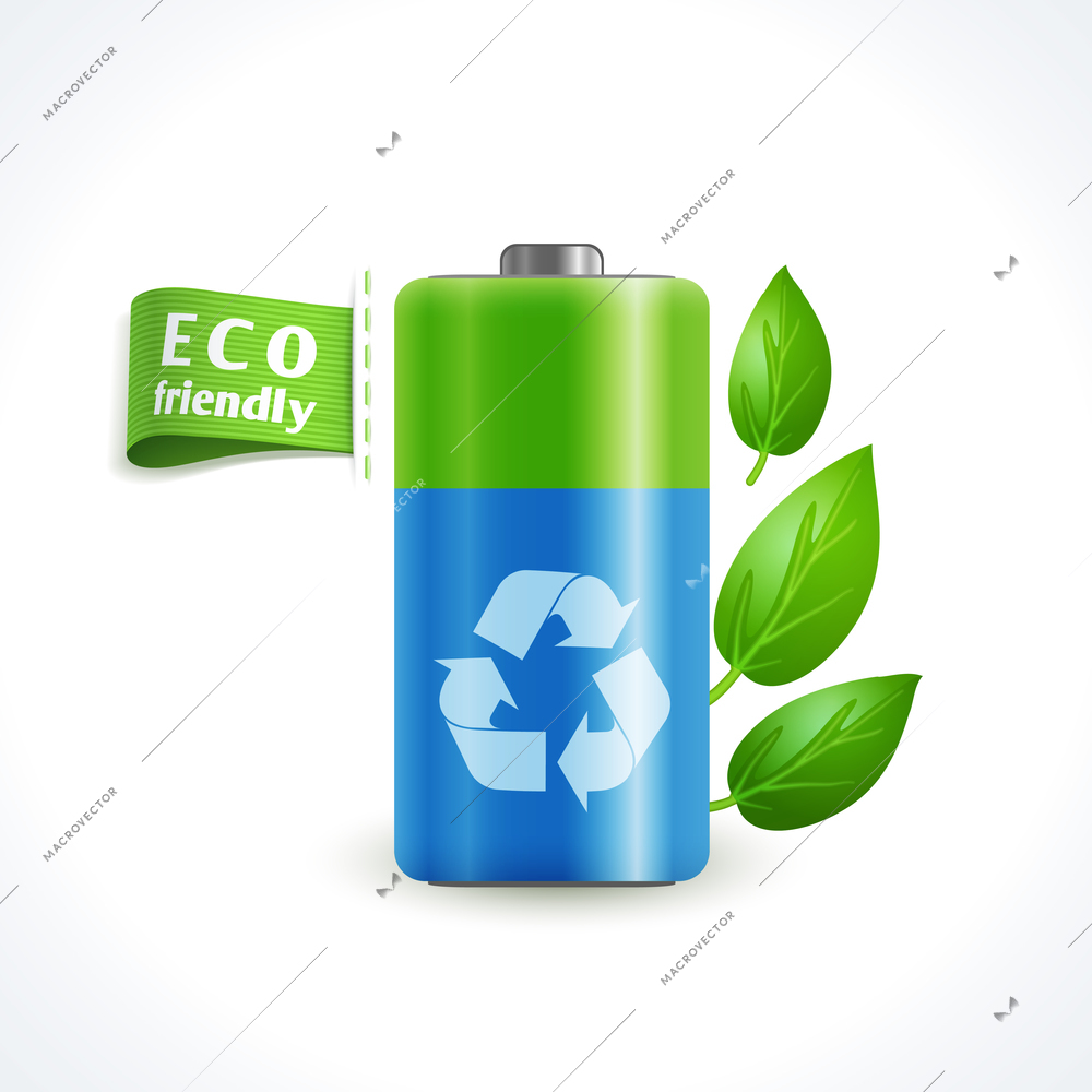 Ecology and waste global eco friendly battery with recycling symbol isolated on white background vector illustration