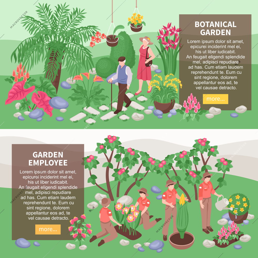 Set of two isometric botanical garden horizontal banners with text description boxes and images of gardeners vector illustration