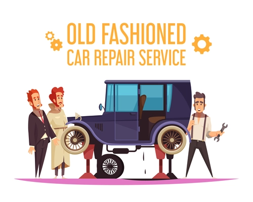 Human characters and repair of old fashioned car on white background cartoon vector illustration