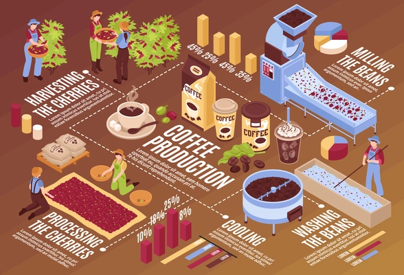 Isometric coffee production horizontal flowchart composition with isolated infographic elements plants with beans packaging and people vector illustration