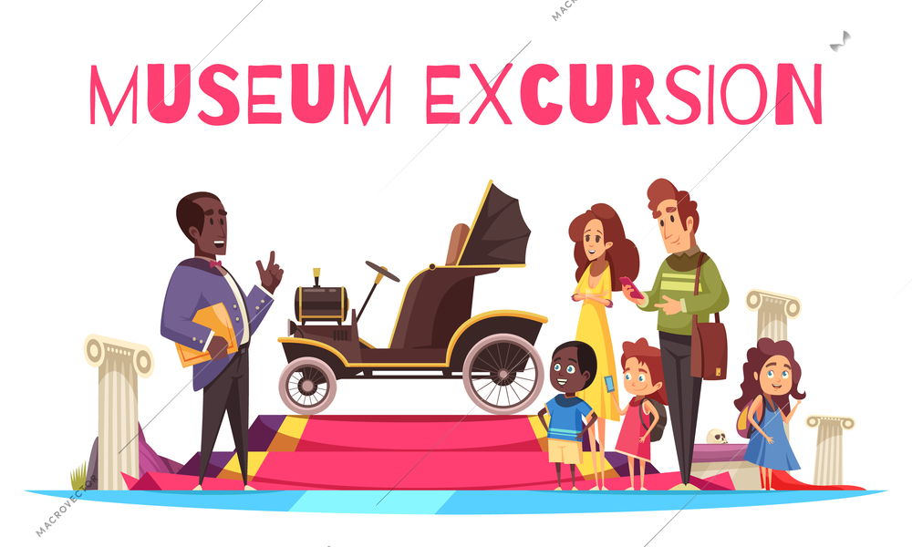 Family couple with kids and guide near old cabriolet during excursion of ground transportation museum vector illustration