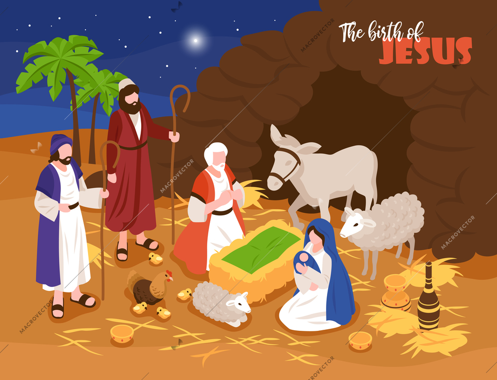 Isometric bible narratives christmas nativity concept banner composition with outdoor composition and human characters with sheeps vector illustration