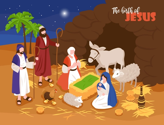 Isometric bible narratives christmas nativity concept banner composition with outdoor composition and human characters with sheeps vector illustration