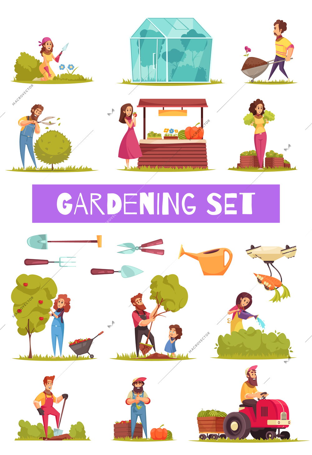 Gardening set of cartoon icons farmers with work tools and equipment during various activity isolated vector illustration