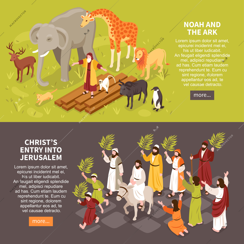 Set of two isometric bible narratives horizontal banners with text description characters of people and animals vector illustration