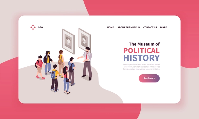 Isometric guide excursion landing page design with clickable text links and view of museum excursion group vector illustration